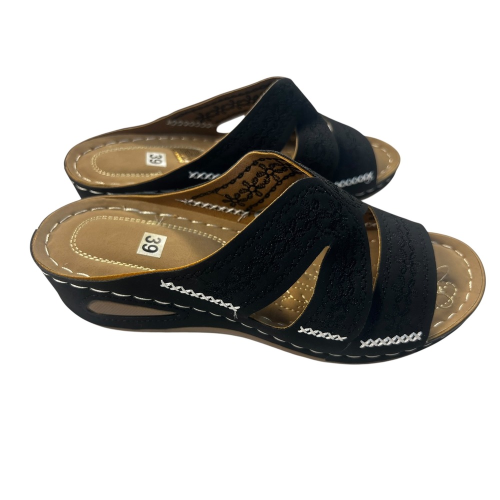 Womens Black Comfort Slide Sandals Size 39 EU Embroidered Cutout Wedge Shoes NEW